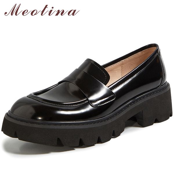 

loafers shoes woman genuine leather med heels platform thick heel pumps round toe female footwear spring black 210517