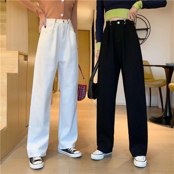 

summer streetwear high waist straight women jeans denim trouser solid color baggy vintage wide leg mama cowboy pants, Blue