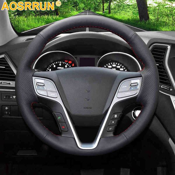 

aosrrun black leather hand-stitched steering wheel cover for ix45 santa fe 2013 2014 2015 2016 car accessories