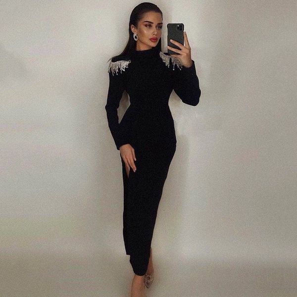 

casual dresses autumn style women turtleneck full seleeves backless tassel diamonds mid bodycon bandage dress designer celebr, Black;gray