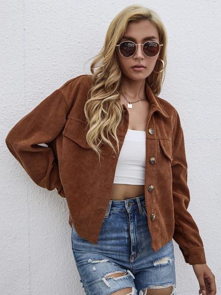 

women's jackets women solid color autumn corduroy button-down collared long sleeve coats loose ladies casual short streetwear, Black;brown