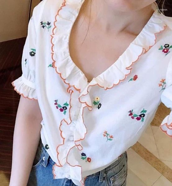 

women summer 100% cotton flower printing shirts blouse 20211, White