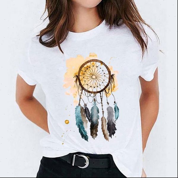 

90s watercolor trend cute womens feather fashion print graphic tee, White