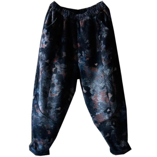 

women's pants & capris winter retro fashion corduroy trousers women elastic waist printing splicing stripe warm plus velvet harem, Black;white