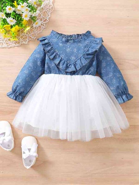 

baby floral print ruffle trim flounce sleeve mesh hem dress she, Red;yellow