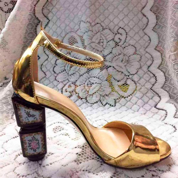 

sandals totem printing square heel open toe elegant ankle strap covered high summer shoes lady pumps bsdo, Black