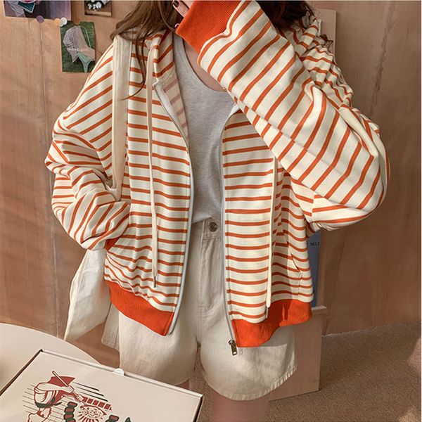 

2 colors 2021 korean style striped women hooded coats zipper loose casual jacket female spring autumn coat womens (x1760), Black;brown