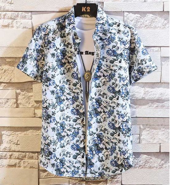 

summer men fashion slim single breasted short sleeve floral print casual shirt male trendy color thin breathable blouse men's shirts, White;black