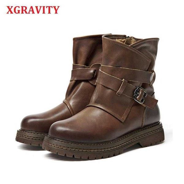 

xgravity new fashion casual ladies ankle boots elegant genuine leather mid-heeled leisure elegant hand mde ladies footwear s048 210429, Black