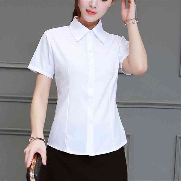 

summer blouse women office wear loose shirts female slim fit lapel camisa casual short-sleeved plus size, White