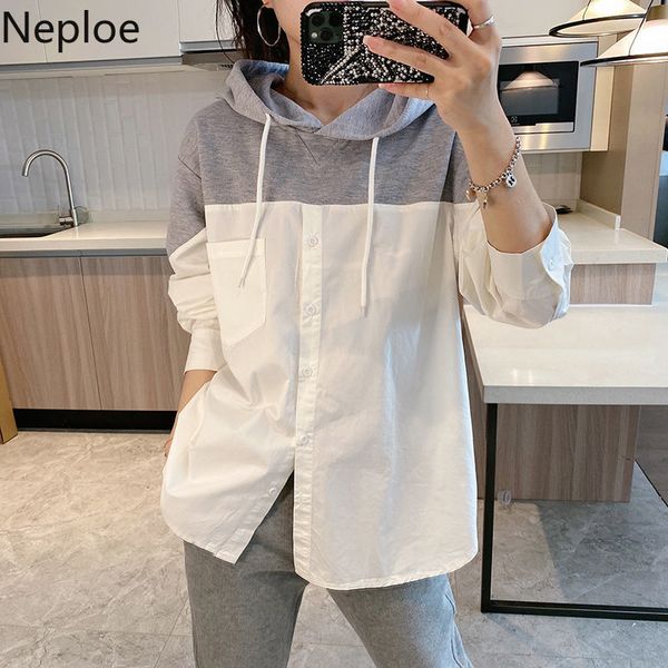 

neploe hoodies women patchwork contrast color mujer loose casual fake two piece sweatshirts harajuku chic 95117 210422, Black