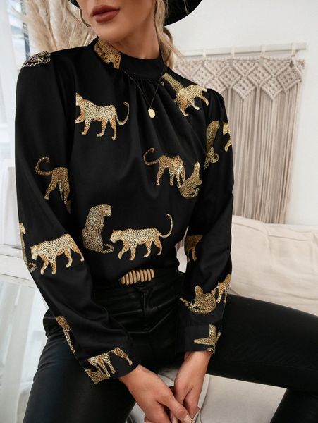 

mock neck leopard print blouse l0de#, White