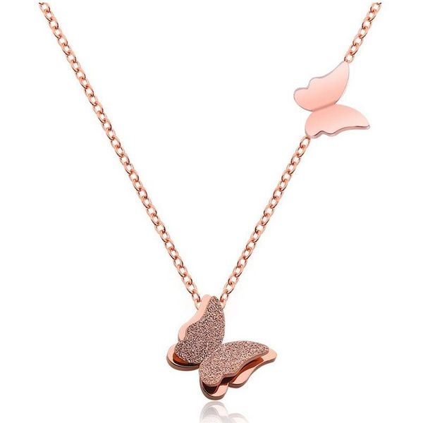 

chains titanium steel double-layer double butterfly frosted necklace, japan and south korea simple clavicle chain, non-fading jewelry, Silver