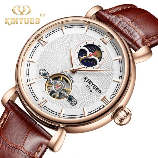 

2018 new real kinyued swiss men automatic mechanical watches moon phase waterproof advanced gift box packaging, Slivery;brown