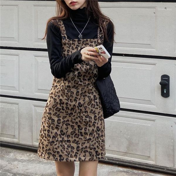 

women autumn dress suit set vintage high waist leopard short brace strap a-line turtleneck women's tracksuits, Gray