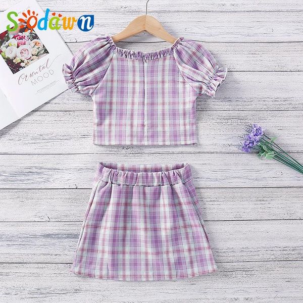 

clothing sets sodawn girls plaid printed suit summer fashion square neck short sleeve + high waist skirt 2-piece girl clothes, White