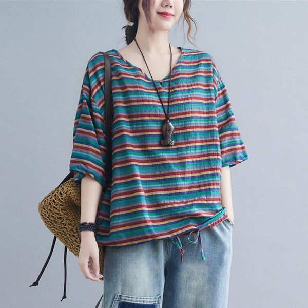 

women's t-shirt mixed color striped for woman short sleeve summer style v-neck cotton linen comfortable female tee shirt femme 2021, White