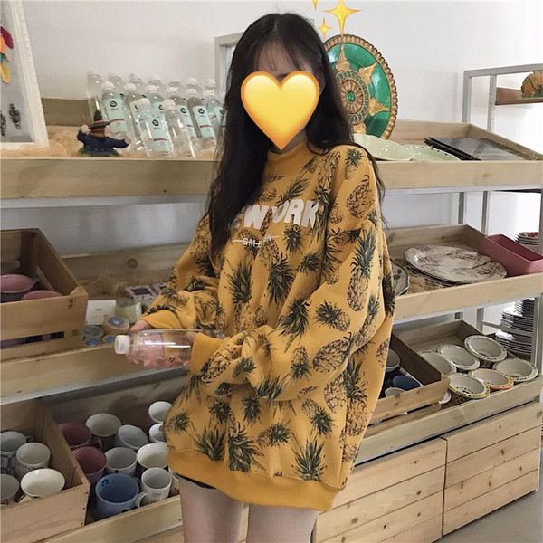 

women's hoodies & sweatshirts autumn korean style pineapple printing women sweatshirt oversize turtleneck plus size female pullovers, Black
