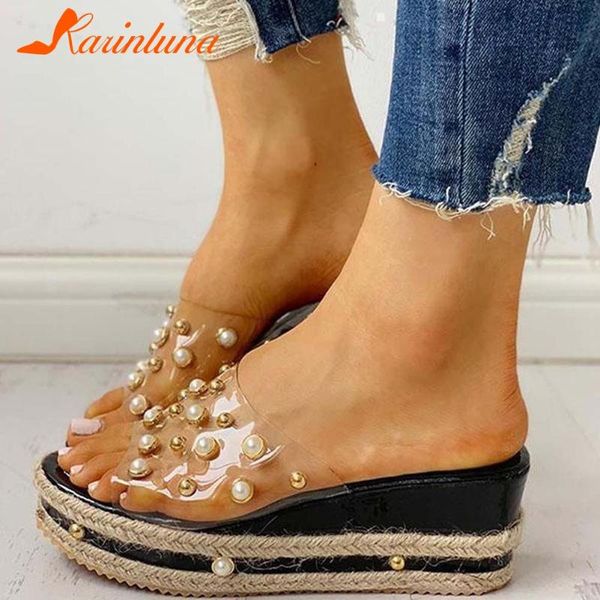 

fashion cool shoes women wedges heels mules female platform pearl summer slippers, Black