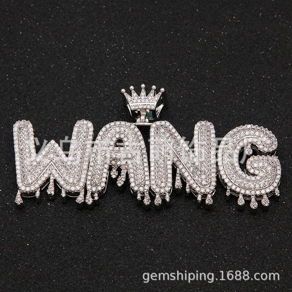 

bangle hip hop pendant necklace with mosaic crown water drop letters, Black