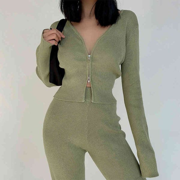 

women spring soild long sleeve casual knitted zipper loose sport suit female elastic pants+shirts two pieces suits 210517, White