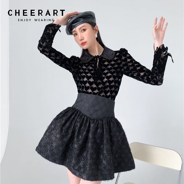 

peter pan collar blouse see through mesh long sleeve embroidered heart women bodycon ladies designer 210427, White