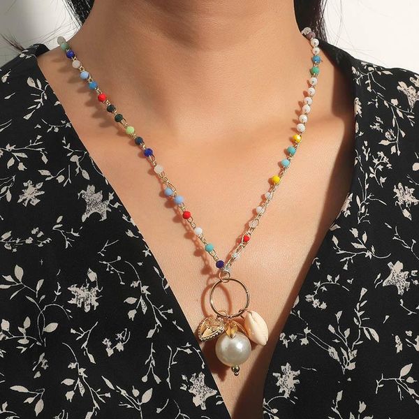 

pendant necklaces trendy boho multicolor crystal beads handmade beaded for women shell pearl heart necklace beach style jewelry, Silver