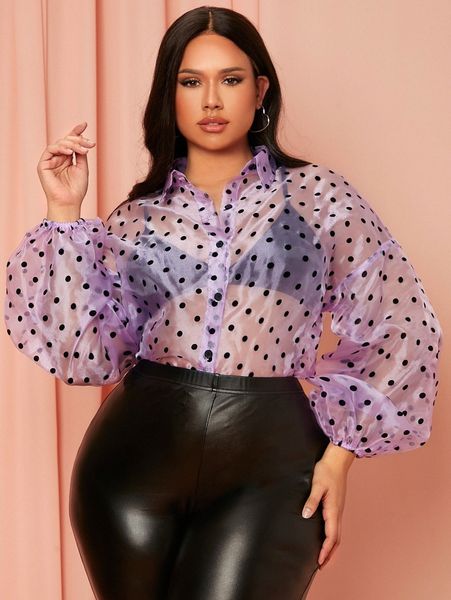 

plus lantern sleeve polka dot sheer organza blouse without bra t9o8#, Black