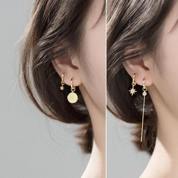 

hoop & huggie 925 sterling silver star tassel asymmetric earrings for women round disc gold cz wedding jewelry s-e1344, Golden;silver