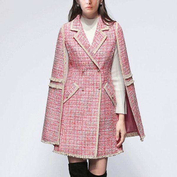 

women's wool & blends [ewq] korea chic fashion autumn winter pink tweed outerwear lapel sashes cloak overcoat coat female tide 2021 16e, Black