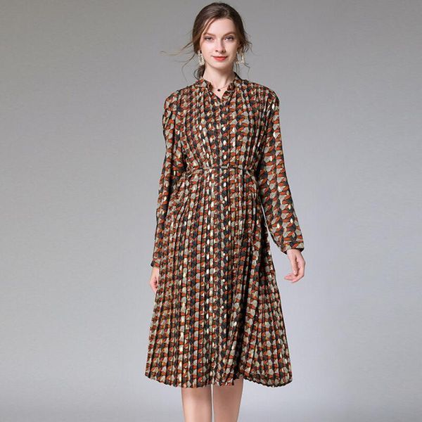 

casual dresses spring women fashion dress long sleeve single-breasted printing lady pleated with belt, Black;gray
