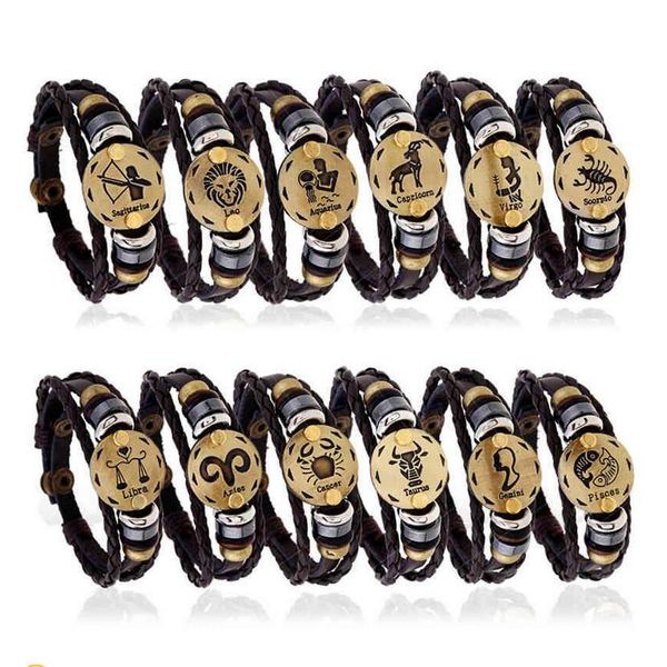

genuine leather bracelets men vintage party favor stainless steel button twelve constellations braided rope male female bracelet wristbands