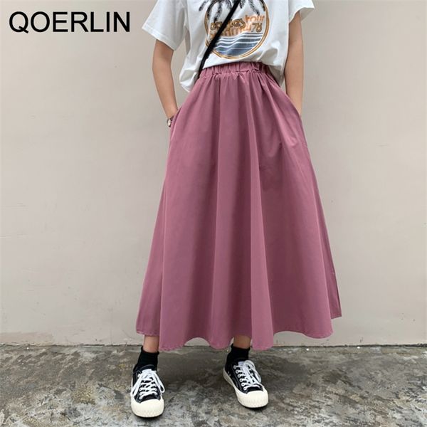 

vintage pocket elastic waist skirts women summer high white long skirt girl korean japan a-line big hem saia mujer 210601, Black