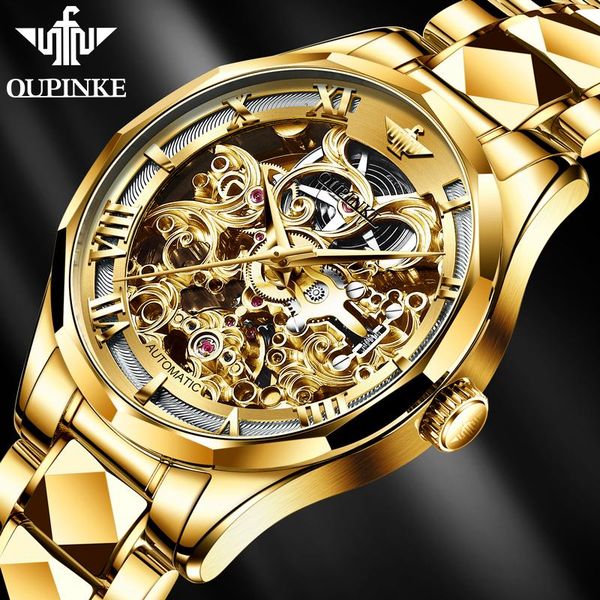 

wristwatches oupinke brand men mechanical wrist watch luxury fashion sapphire tungsten steel automatic skeleton waterproof gold, Slivery;brown