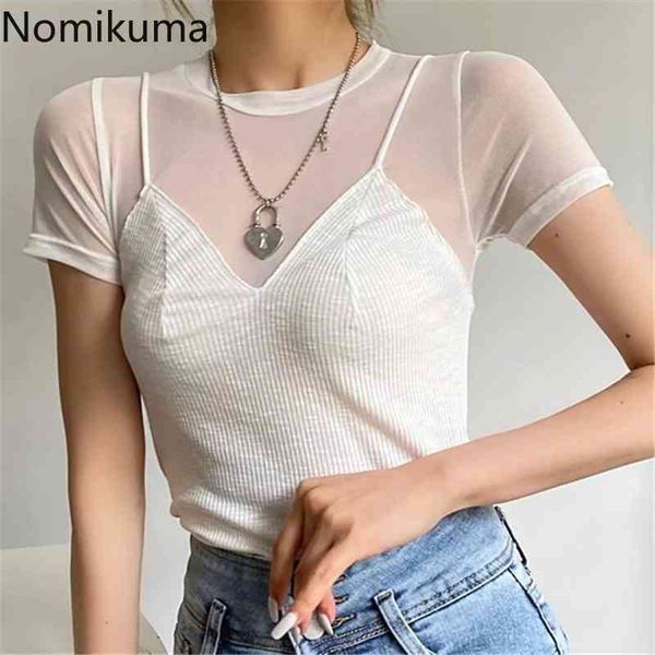 

nomikuma perspective mesh patchwork t shirts short sleeve o-neck slim basic graphic tee summer new korean tshirt 6h261 210427, White