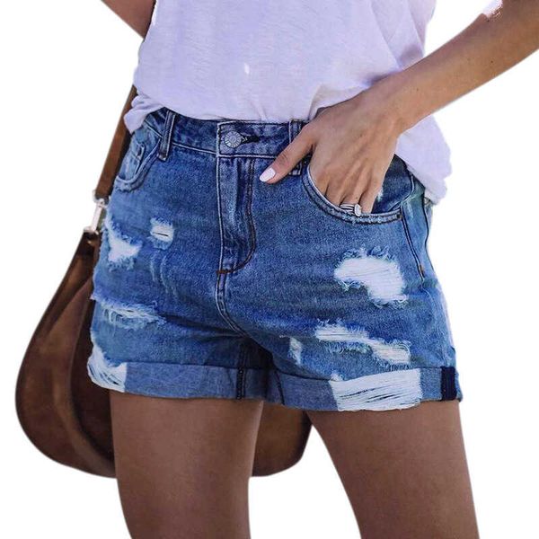 

jeans 2021 perforated high stretch denim shorts for women, Blue
