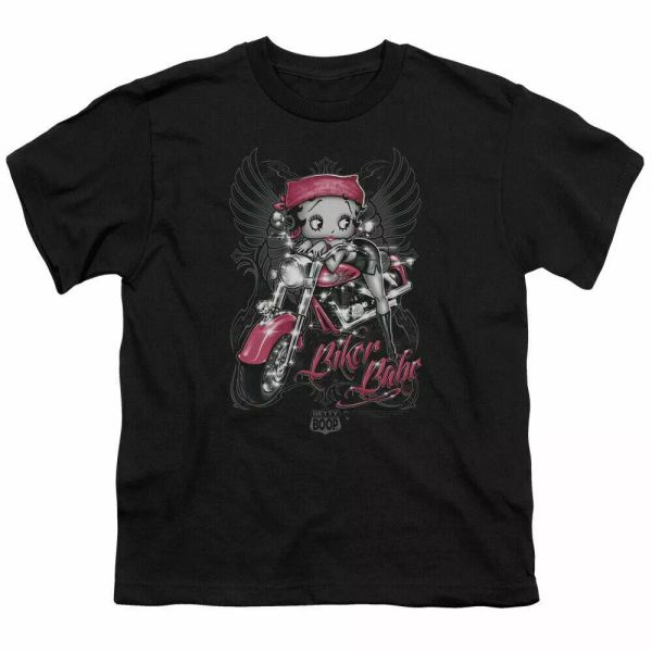 

betty boop biker babe kids youth t shirt licensed cartoon tee black, White;black