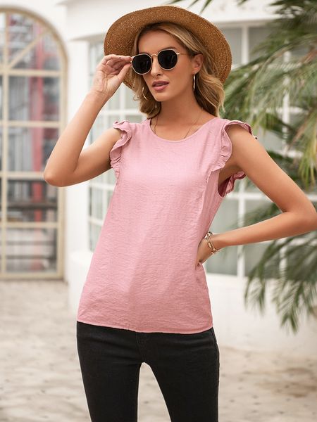 

women's 2021 summer simple temperament lotus leaf sleeve round neck short sleeve women, White