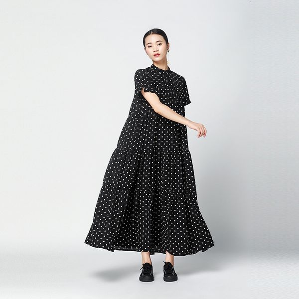 

dresses print dot loose for women stand collar short sleeve casual midi korean es female fashion clothes, Black;gray