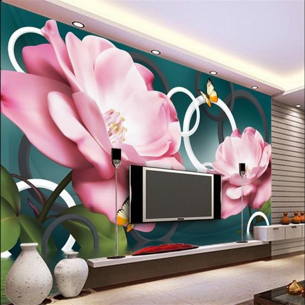 

shuhiko water flower rose camellia butterfly 3d circle tv background wall custom large picture green wallpaper wallpapers