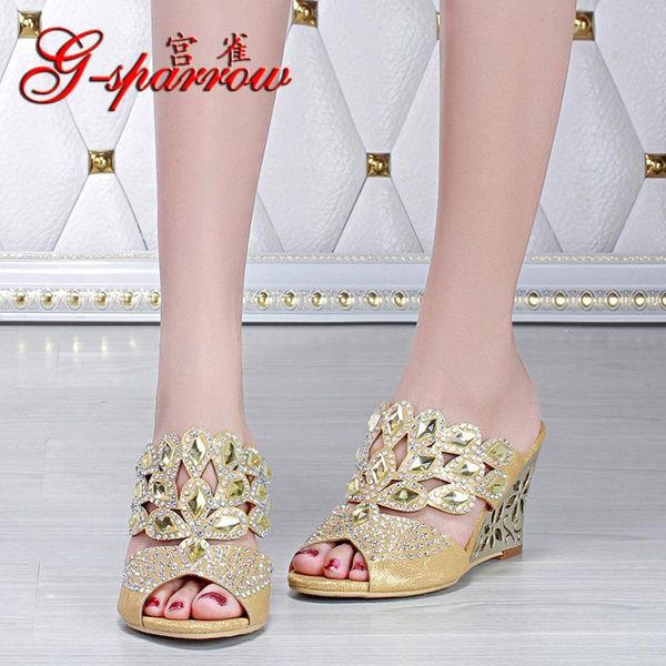

slippers 2021 european summer diamond leather high heel shoes wedges footwear online shopping sandals thick big size, Black