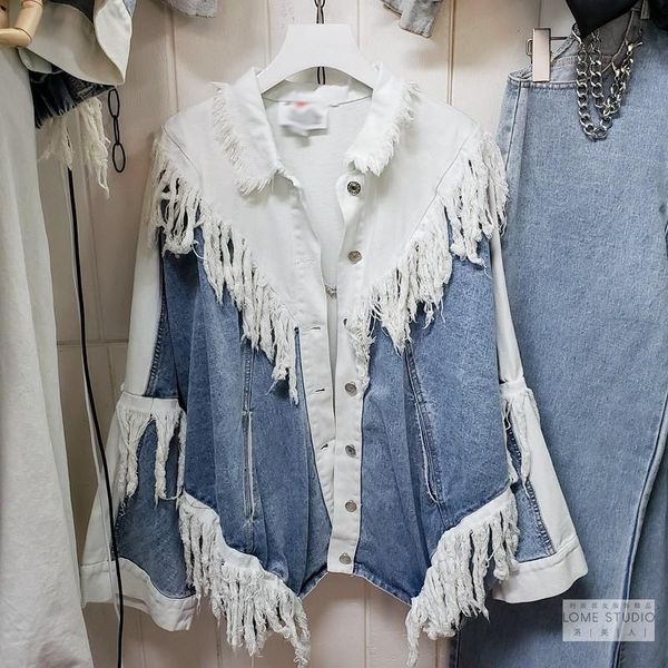 

women's jackets hip hop women denim jacket super cool white, blue mixed colors national style tassel vintahe loose long-sleeved jean co, Black;brown