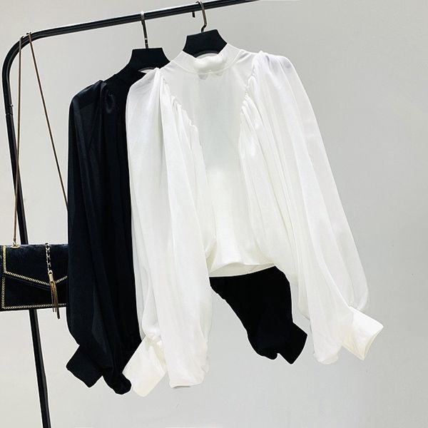 

suits sleeve shirt women white black blouse chiffon stitching short blouses girls ladies street blusas