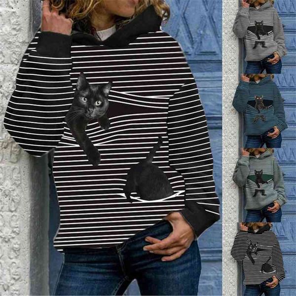 

new funny cat printed sweater women's long sleeve hooded sweater, Black
