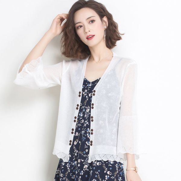 

women's knits & tees 2021 summer ice silk knitted cardigan sunscreen for women v-neck protection clothing plus size thin 3/4 sleev, White
