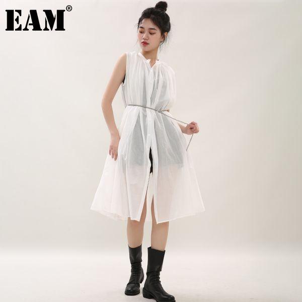 

[eam] spring summer stand collar sleeveless white perspective loose thin big size dress women fashion ju44400 210512, Black;gray