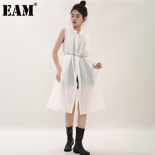 [Eam] Primavera Summer Stand Collar Sem Mangas Perspectiva Branco Solto Fino Tamanho Grande Vestido Mulheres Moda Ju44400 210512