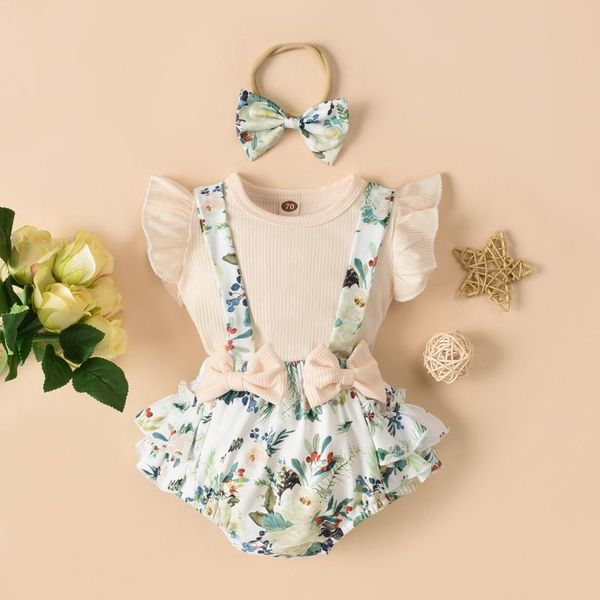 

clothing sets summer toddler baby girls clothes set 3pcs infant solid ribbed cotton bodysuit floral suspender shorts headband outfit 0-, White