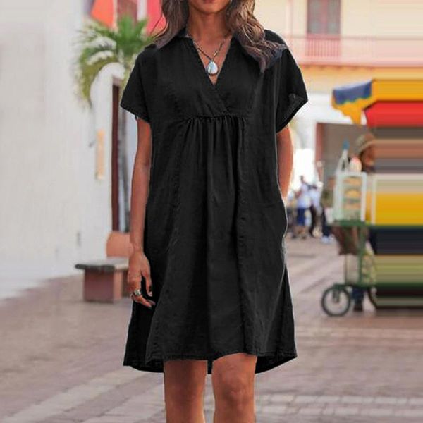 

casual dresses black for woman summer 2021 ladies elegant loose v-neck dress high waist pleated beach holidays mujer, Black;gray