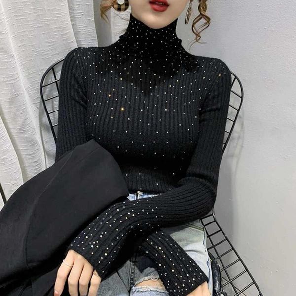 

women's sweaters fall winter european clothes knitted turtleneck thick sweater fashion shiny dimaonds women pullover 2021, White;black